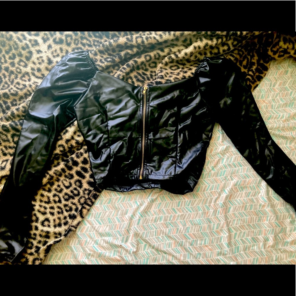 Black latex long sleeve crop top